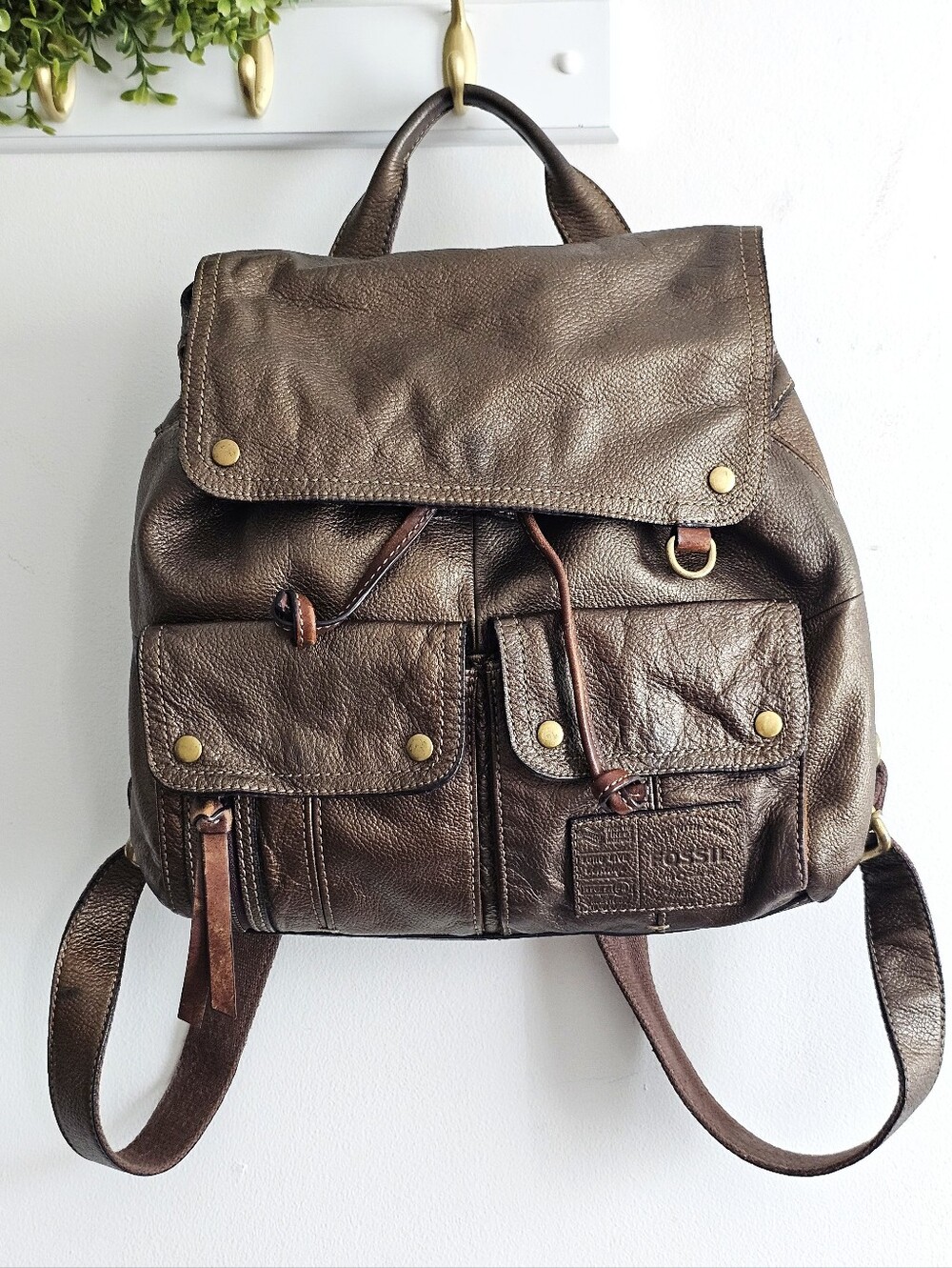 Y2K Fossil ZB5183 Metallic Bronze Genuine Leather Backpack Rucksack